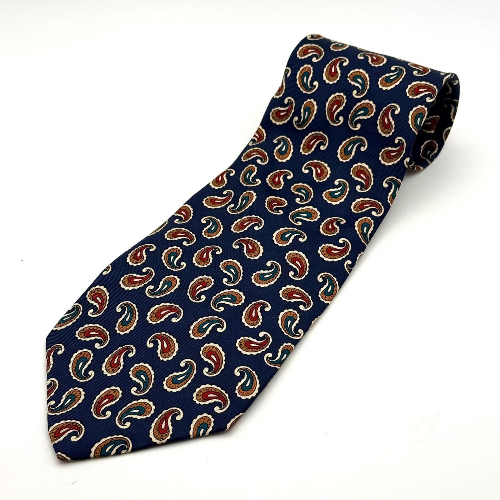 Rooster Mens Silk Tie Navy Blue Paisley Pattern Made In Usa 375 Inch Width